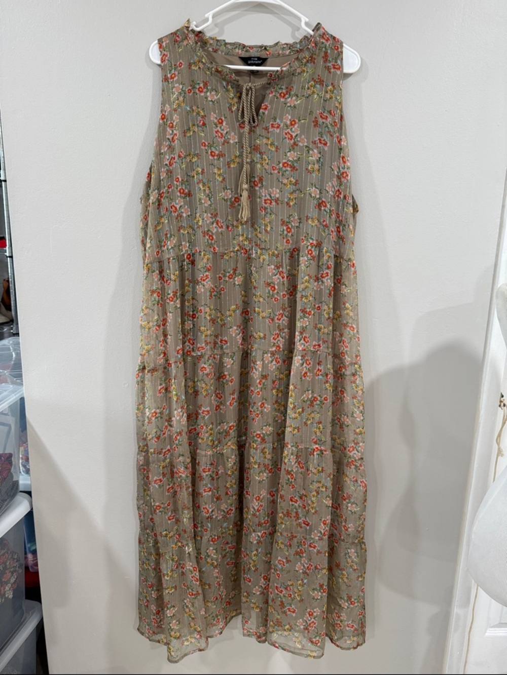Boho Floral Tiered Maxi Dress - Beige with Red Floral Print